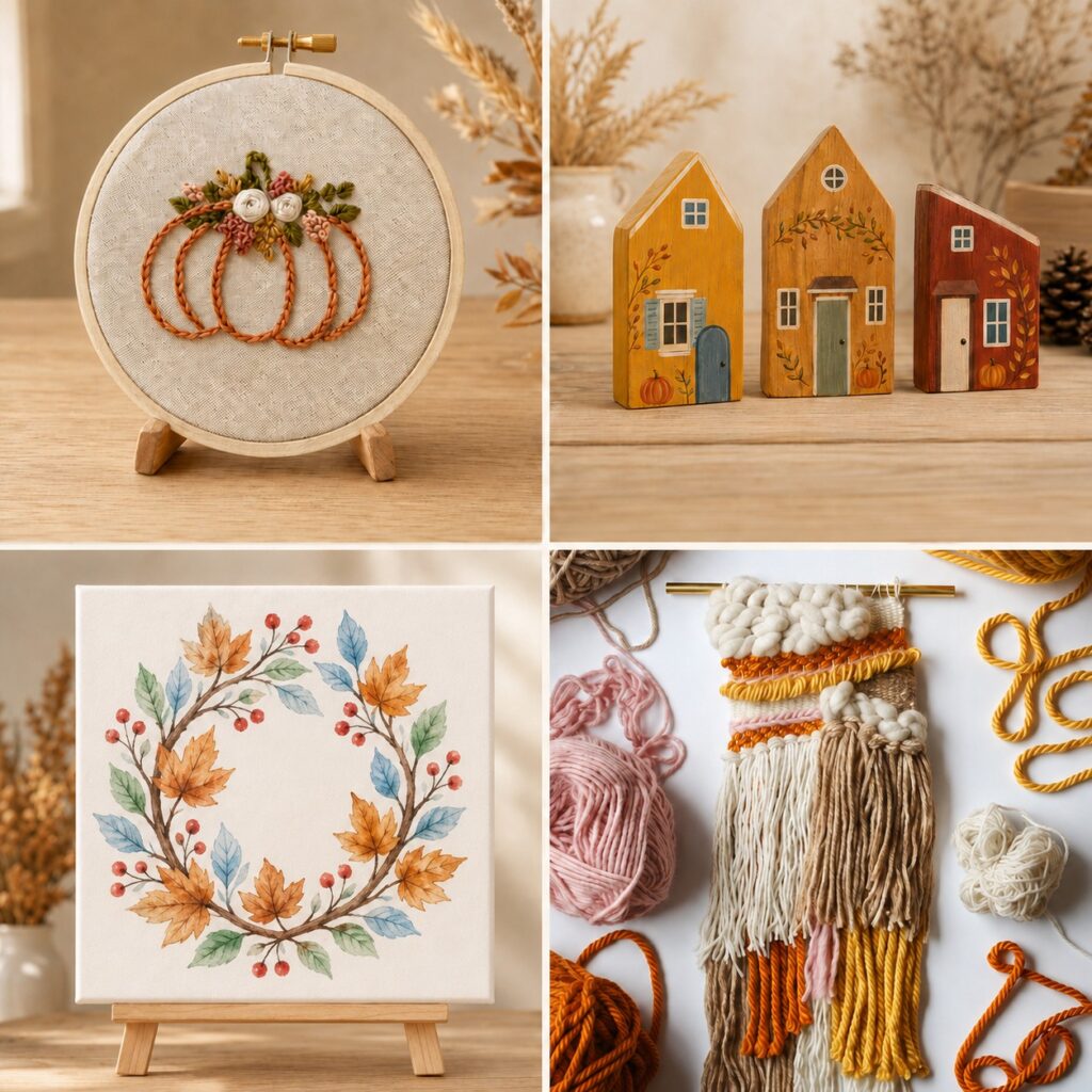 Collage of the four Gathered in Autumn workshop projects: watercolor leaf wreath, painted wooden village houses, woven wall hanging, and pumpkin embroidery hoop